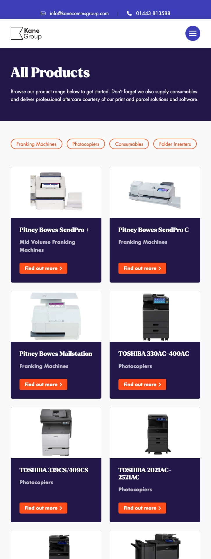 Kane Group website products mobile example
